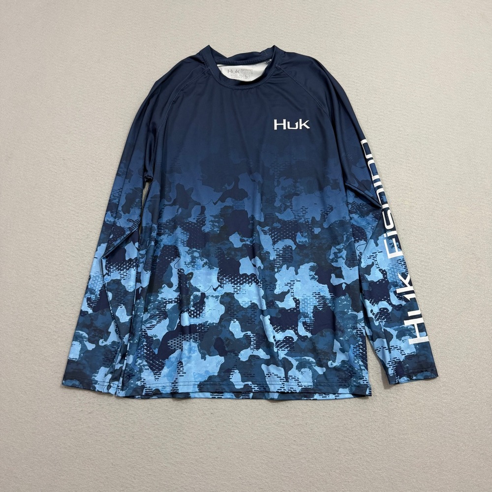 Huk Fishing Shirt Men's Small Blue Camo Pursuit Long Sleeve Performance Graphic